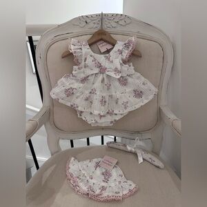 🦢 0~3 Mth Victorian Floral & Bow Lace Trim Baby Dress Onesie & Hat NWT